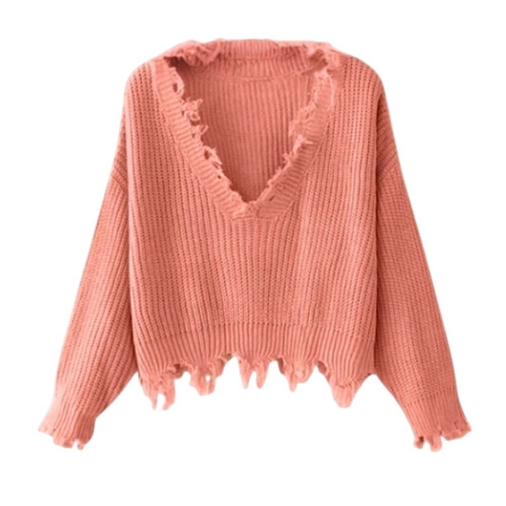 Zaful Cropped Sweater Distressed Frayed V-Collar Loose Fit Orangepink/Coral  XL